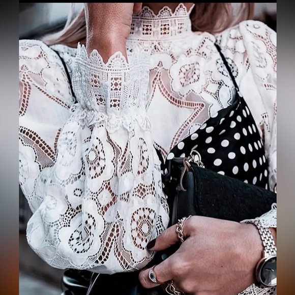 NWT Solid Lace Blouse, Elegant Vintage Semi-Sheer High Neck - Picture 4 of 5